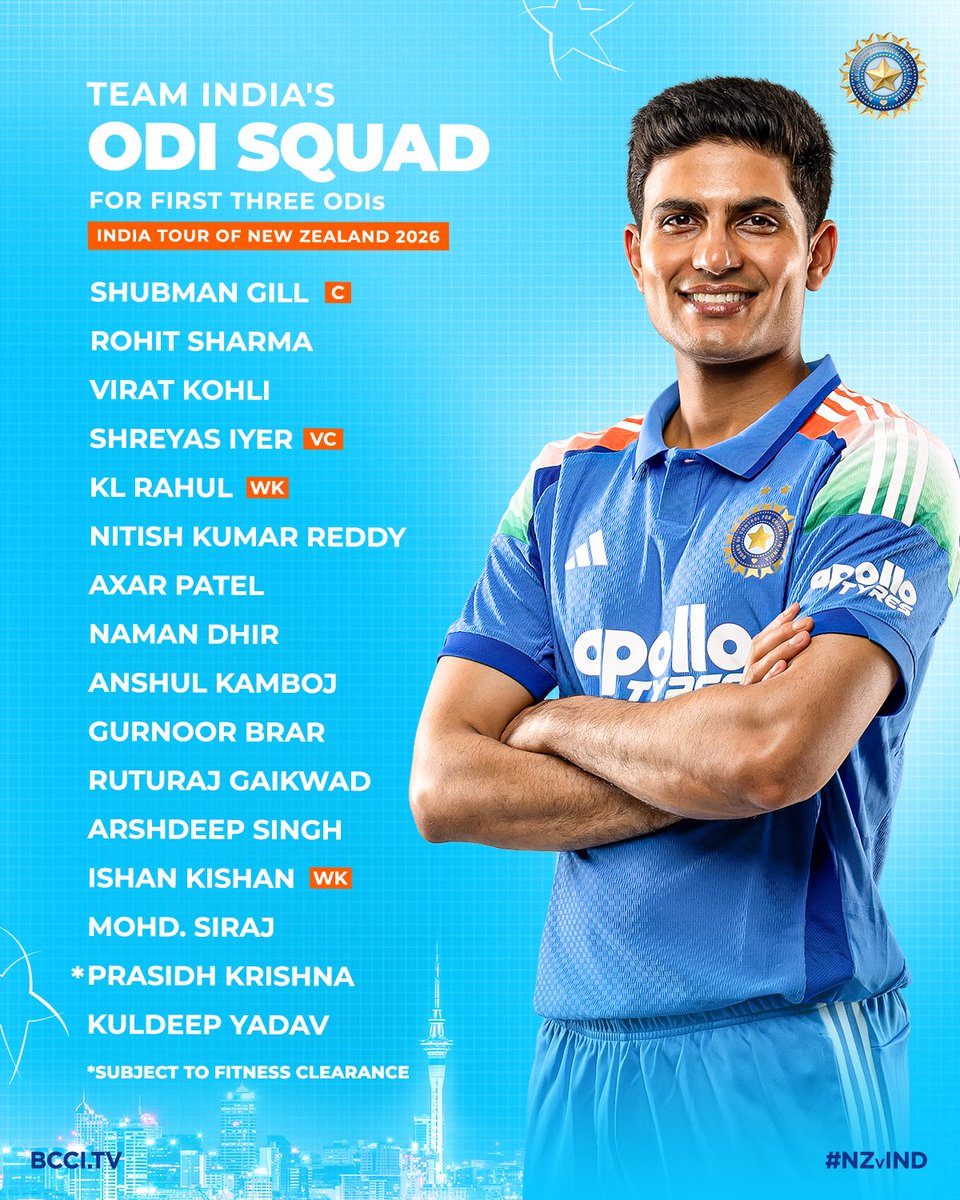 BCCI's tweet photo. 🚨 News 🚨

#TeamIndia’s ODI and Test squads for New Zealand tour announced 📝

Captain Shubman Gill will lead the side for the first 3️⃣ ODIs, before Shreyas Iyer takes charge for the last 2️⃣ matches.

More details ▶️ https://t.co/npwxUYlb1N

#NZvIND https://t.co/3ckm7ixgEN