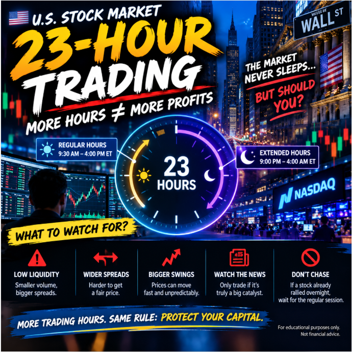 PainlessOne's tweet photo. 🚨 23-HOUR STOCK TRADING IS COMING. MORE HOURS DON’T MEAN MORE PROFITS.

My Wall Street take: I’d rather miss a move than get trapped in a low-liquidity market.

⚠️ Wider spreads. Thinner volume. Bigger price swings.

If you trade extended hours, watch volume, spreads, and breaking news. If a stock has already ripped after hours, don’t chase it. Let the regular session confirm the move.

The market never sleeps. Your risk management still matters.

Follow for more Wall Street insights. 👀

⚠️ For educational purposes only. Not financial advice.
#stocks #AIStocks #Semiconductors #StockMarketUpdate