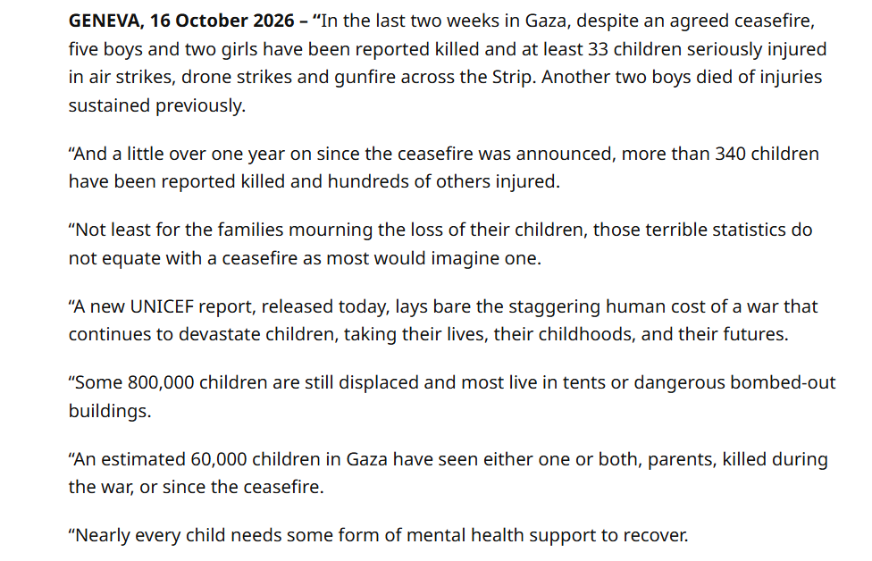NoticiasONU's tweet photo. Más de 340 niños han sido asesinados en Gaza desde que se anunció el alto el fuego, denuncia @UNICEF. 

800.000 siguen desplazados, la mayoría viviendo en campamentos o entre edificios en ruinas.

60.000 han perdido a su madre, su padre o ambos. https://t.co/GmqQJyluh0
