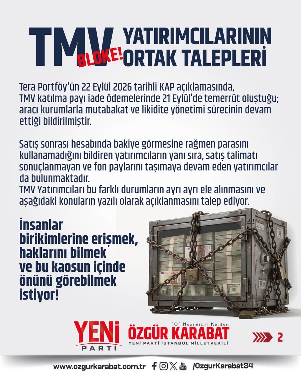 OzgurKarabat34's tweet photo. VATANDAŞIN PARASINA KİLİT, SORULARINA SESSİZLİK!

TMV yatırımcıları kendi birikimlerine ulaşmak için yanıt bekliyor. İnsanlar kaos içinde, tek bir açıklama yok! #TMV #fonvurgunu #fonmağdurları https://t.co/kfTniP8NqI