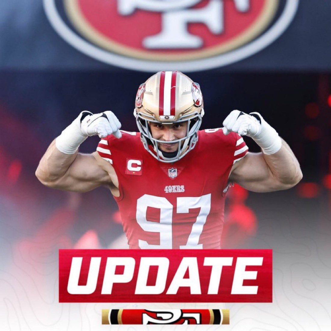 OurSf49ers's tweet photo. John Lynch on whether Nick Bosa will play on MNF on @KNBR 

“We will see. Nick is making really good progress, we’re encouraged by that. We’re always toeing that line. We want to make sure that when we get him back, we have him back for good. You know that he’s not gonna re-injure it…..You know there’s no assurances there, there’s no absolutes…See if he can get out here today, you know the extra day helps us. We have kind of a fluid situation there.”