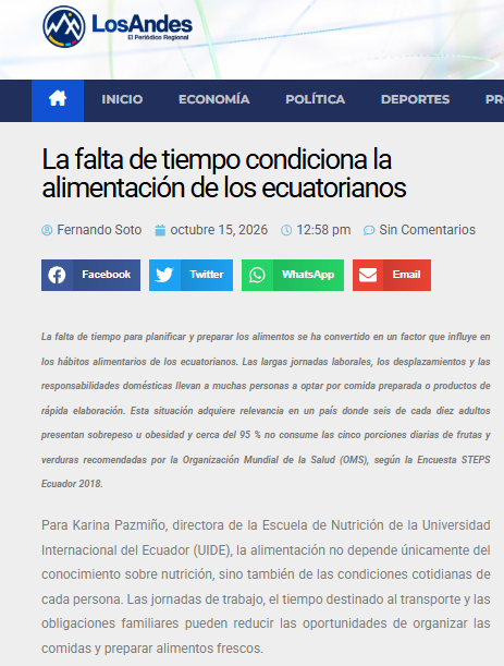UIDE's tweet photo. 🥗 #UIDEtoday | Karina Pazmiño, directora de la Escuela de Nutrición, analizó en @andesdiario cómo la falta de tiempo y las responsabilidades diarias influyen en los hábitos alimentarios de los ecuatorianos.

https://t.co/GmlQcxPujZ https://t.co/ugys1R7Kva