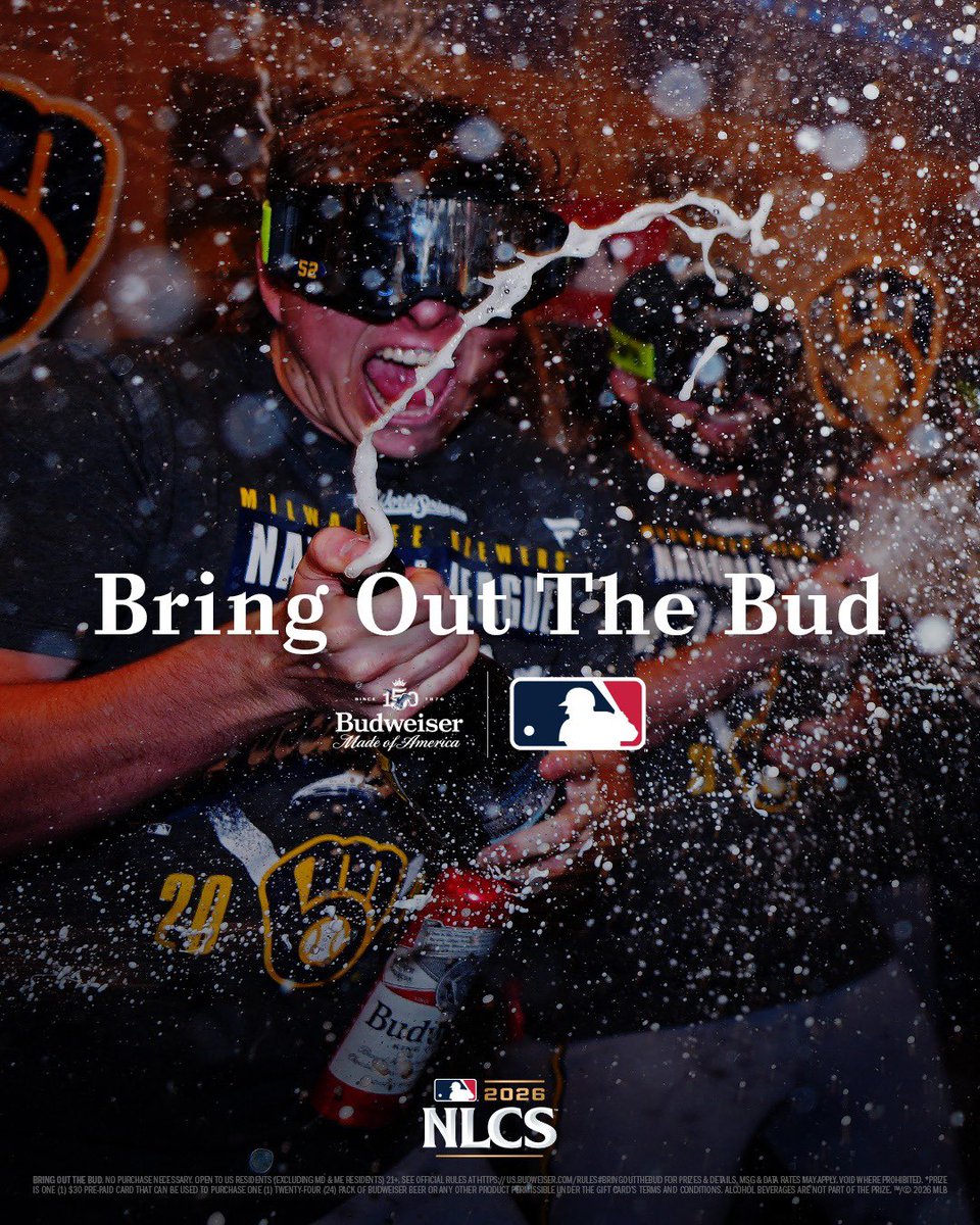 budweiserusa's tweet photo. 🍺 MILWAUKEE TO THE WORLD SERIES 🍺​

A beer shower 44 years in the making. Use​ #BringOutTheBud #Sweepstakes for your​ chance to win a CELEBRATION'S WORTH OF​ BEER MONEY. https://t.co/mGl5GLqGWd