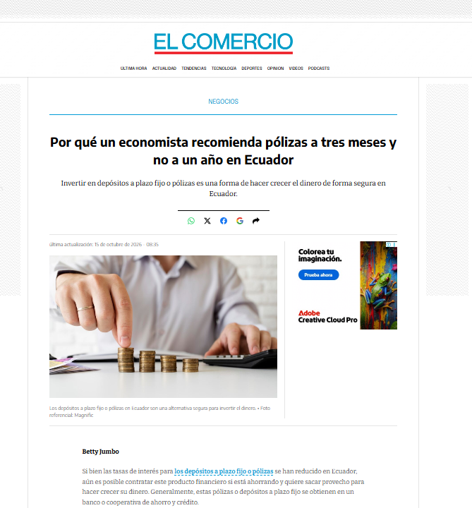 UIDE's tweet photo. 💰 #UIDEtoday | David Pazmiño, nuestro docente de la Business School, explicó cómo aprovechar los depósitos a plazo fijo, pese a la reducción de las tasas de interés en Ecuador, y qué considerar antes de invertir.

https://t.co/3XMMnlPjU8 https://t.co/8F04EpZNOv