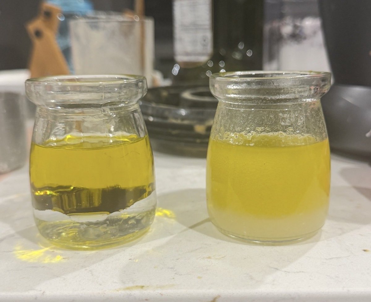 OPMalarkey's tweet photo. Did I just make a multicomponent biopolymer colloid out of fruit, alpha lipoic acid, milled quinoa, beef gelatin, and by cross linking polymers in my kitchen?

Yes, yes I did. 

First photo is the material I dropped into oils mixed in jars with waters, and the next photos are showing the polygon formations and differences in behavior that less than a teaspoon of the material undergoes and exhibits when mixed in water in different oils.