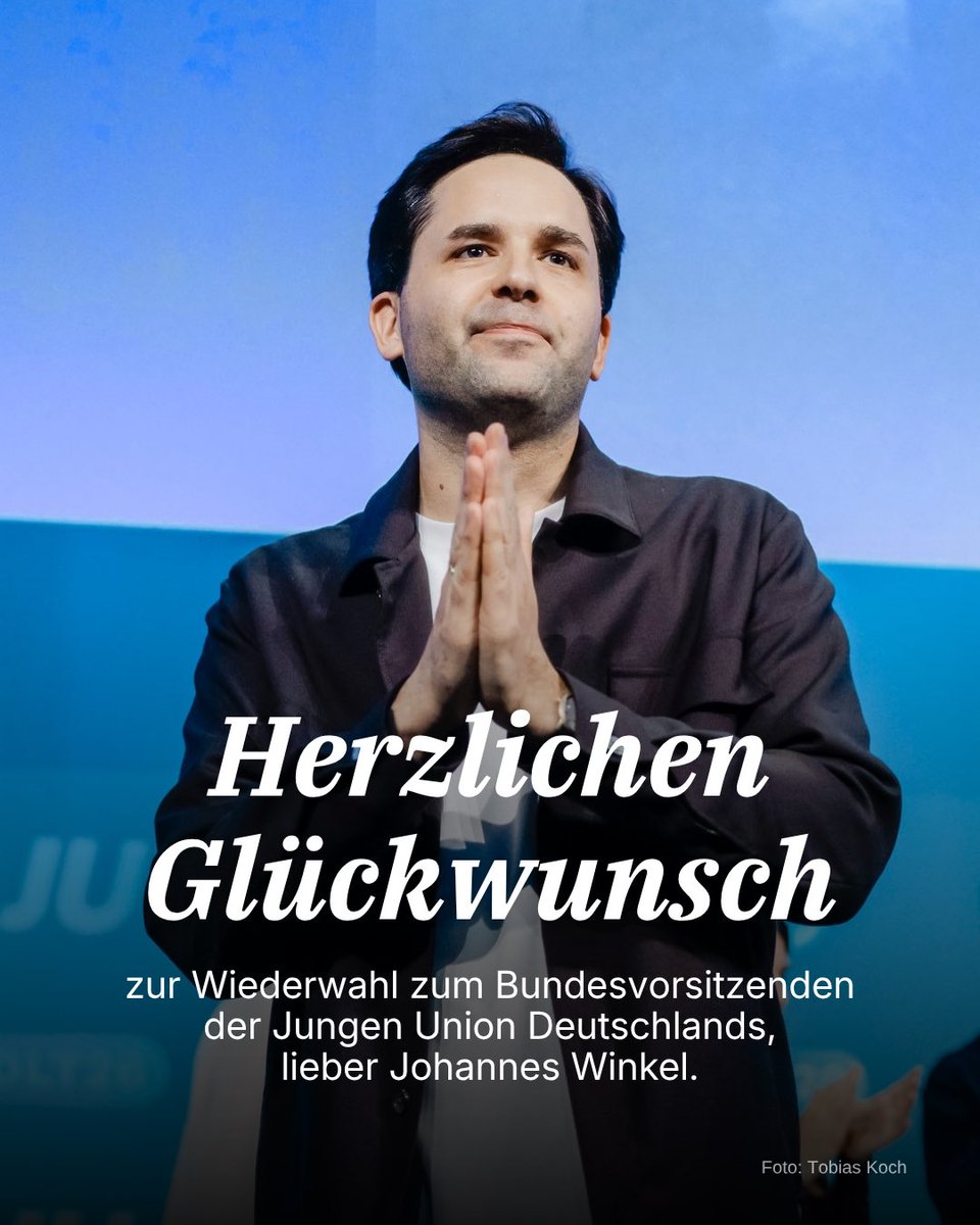 CDU's tweet photo. Herzlichen Glückwunsch zur Wiederwahl als Bundesvorsitzender der Jungen Union, lieber @johwinkel! Die @Junge_Union steht für eine junge, engagierte und zukunftsorientierte Union. Auf gute Zusammenarbeit! #DLT26| https://t.co/kOGWWfJ3hL
