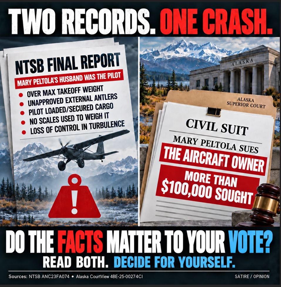 CrainJentry's tweet photo. Peltola sued aircraft owner, after her husband dies in crash where NTSB determined he overloaded the plane that he was flying.

We need a Senator in Alaska who cares about facts!
Keep Peltola out of office in Alaska.
Read the NTSB report: ANC23FA074.
Look up Alaska CourtView case: 4BE-25-00274CI.