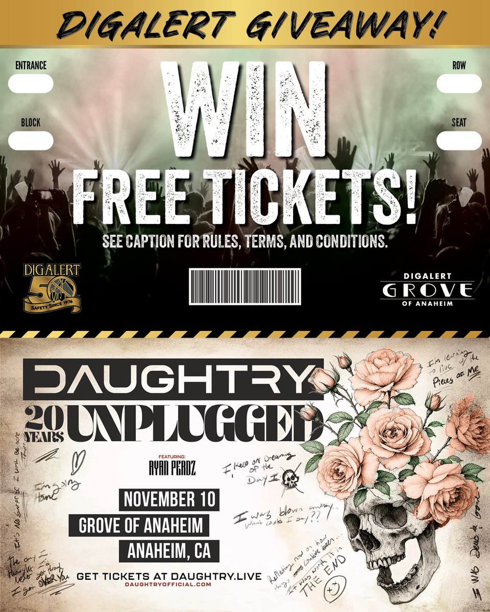 DigAlert's tweet photo. 🎤🤘 HEY, ROCK FANS! THIS ONE'S FOR YOU! 🤘🎤
Want to see DAUGHTRY LIVE at @digalertgrove of Anaheim on Tuesday, November 10th at 7pm? DigAlert® is giving you the chance to WIN TICKETS to catch the show! Multiple winners may be selected! 🎸🙌

Your next concert night could be just a few clicks away! Here's how to enter:
✅ FOLLOW our official X account
❤️ LIKE this post
👥 TAG 3 FRIENDS in the comments who may not know about DigAlert®
📲 SHARE this post to your story

ENTER BY: November 3rd at 11:59 PM PST

*Entrants must be at least 18 years old. Only one entry per person is allowed. Winners must reside in Southern California and confirm their commitment to attend the event at least 7 days before the event date. A Ticketmaster account is required to receive tickets.
#DigAlert #Daughtry #Giveaway #DigAlertGrove #RockMusic