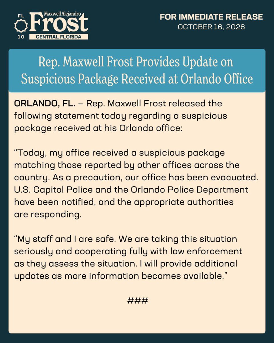WBC24News's tweet photo. JUST IN: Rep. Maxwell Frost’s office evacuated in Orlando, Florida, after receiving a suspicious package similar to those sent to other congressional offices in recent days, the congressman says. https://t.co/bRoWsy0lxR