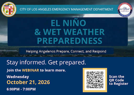 ReadyLA's tweet photo. Emergency Management for @LACity is hosting weekly  EL NIÑO preparedness webinars &amp; town halls this fall. Register for the NEXT online Zoom, on WEDNESDAY, Oct. 21. (Scan QR code). Check back for info on future sessions &amp; find Citywide wet-weather info at: https://t.co/GYvadRTAwP https://t.co/ZebZk3YoUv