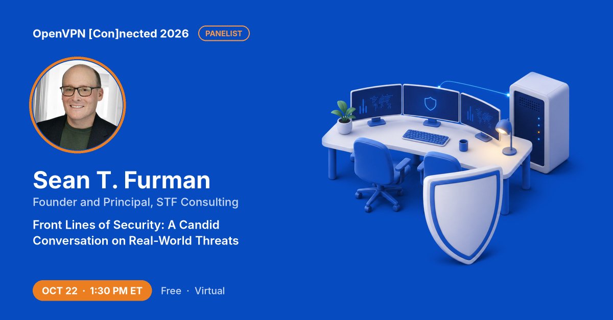 OpenVPN's tweet photo. No IT team? That’s exactly where a partner like STF Consulting comes in.

Sean T. Furman, Founder and Principal of @STFConsulting, has spent 25+ years helping growing businesses with managed IT, cybersecurity, and 24/7 monitoring. When his clients needed a new remote access solution fast, STF moved 200+ users to OpenVPN Access Server in just 60 days, with virtually no disruption.

Hear Sean on our “Front Lines of Security” panel at OpenVPN [Con]nected 2026, October 22 at 1:30 p.m. ET. It’s free and virtual.

Read his spotlight: https://t.co/5CjRCSd2ag

#MSP #Cybersecurity
