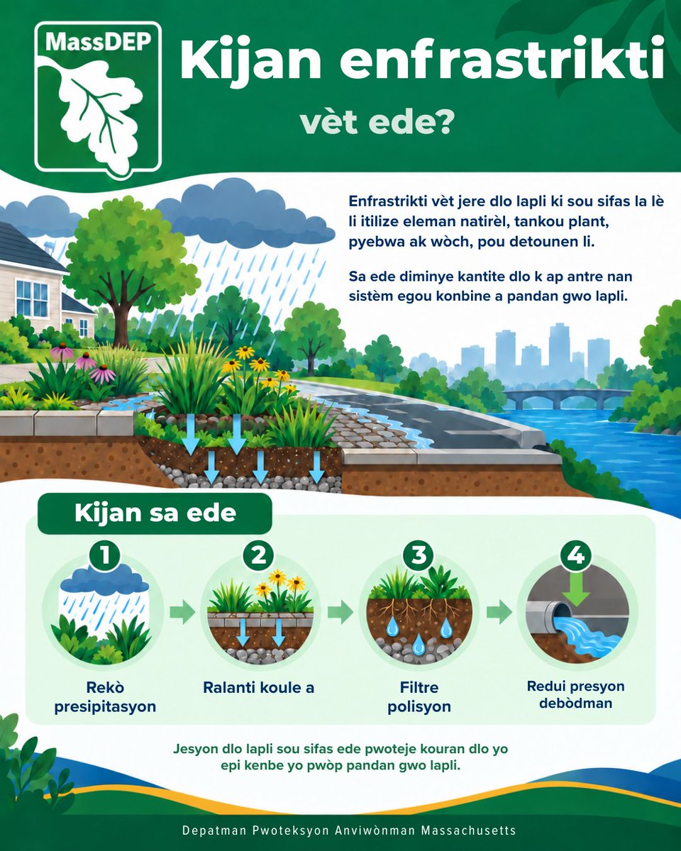 MassDEP's tweet photo. 🌱💧 Part 2- @WPI students explore how green infrastructure helps reduce the risk of combined sewer overflows! Rain gardens, green roofs &amp; permeable pavement absorb or slow stormwater runoff, easing pressure on sewer systems during heavy rain and helping protect local waterways. https://t.co/4uykZU7OsT