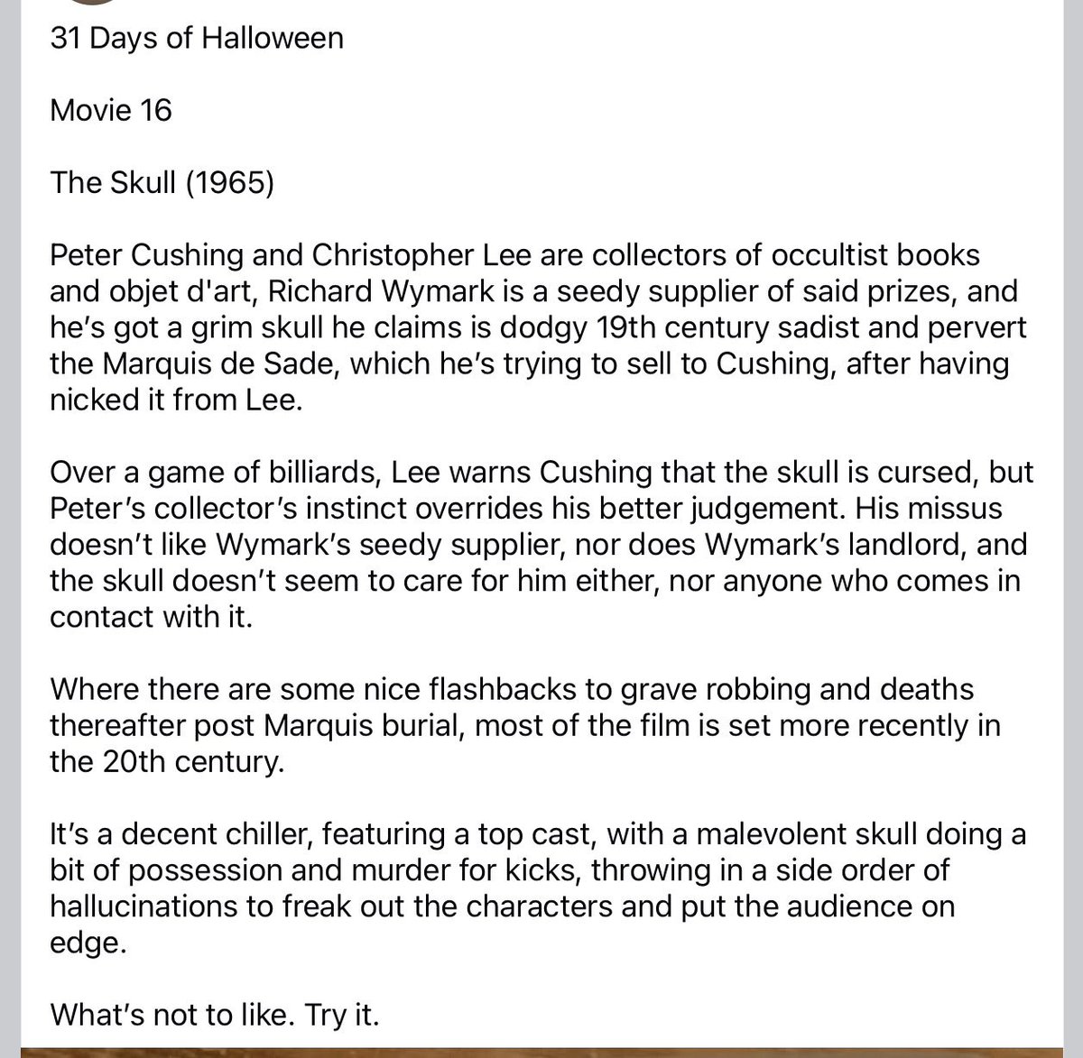 RobinWriteSmith's tweet photo. #31daysofhalloween #halloweenmovies #filmtwitter #halloween

The Skull (1965) https://t.co/PO7k9frItP