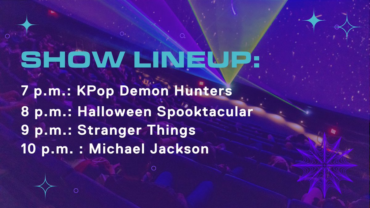 FrostScience's tweet photo. Halloween takes over the dome TONIGHT! 🎃 Laser Evening at the Frost Planetarium features KPop Demon Hunters, our Halloween Spooktacular, Stranger Things, and Michael Jackson. 🔮 Shows start at 7 p.m. Buy tickets now: https://t.co/0wguGzYGwd 👻 https://t.co/8TsDSotaWB