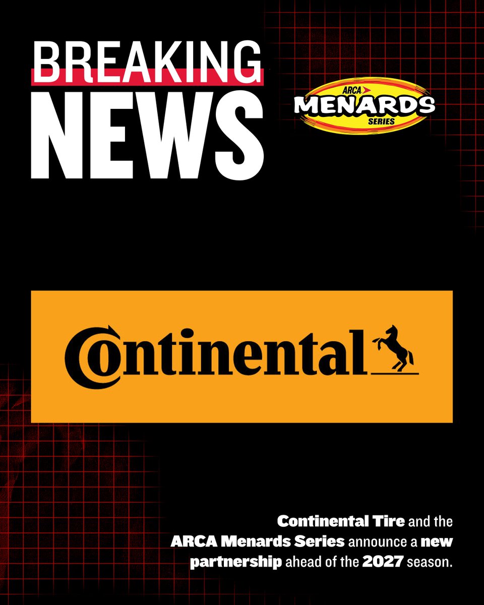 ARCA_Racing's tweet photo. NEWS: Continental Tire and the ARCA Menards Series announce a new partnership ahead of the 2027 season. https://t.co/hVmxS7pT3G