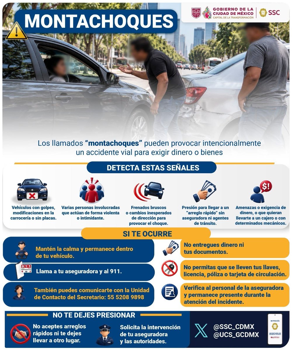 OVIALCDMX's tweet photo. ¿Sabes quiénes son los #Montachoques? 🚗⚠️
Son personas que provocan intencionalmente una colisión vehicular para exigirte dinero en efectivo o bienes. 

⚠️ te sucede, identifica las señales, mantén la calma y solicita apoyo.👇🏼🚨👮🏻‍♀️ https://t.co/IzjojBPaXP