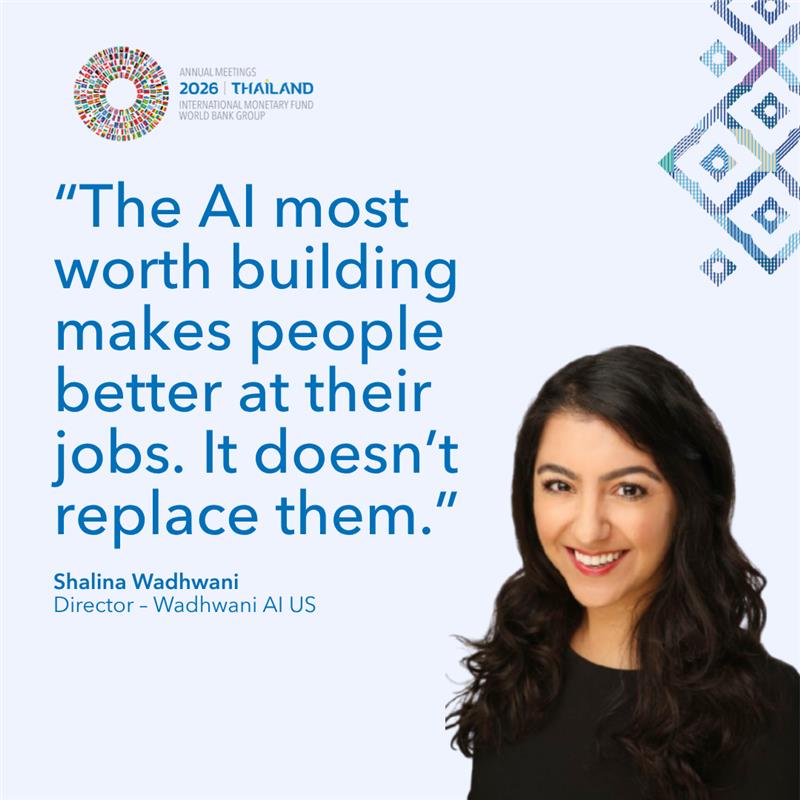 Connect4Climate's tweet photo. AI can help people do more, earn more, and unlock new opportunities. 
  
At the #WBGMeetings "Small AI, More and Better Jobs" event, leaders discussed how AI can boost productivity, support entrepreneurs, and help create jobs across economies. 
  
Watch: https://t.co/1zsNvPFoQH https://t.co/Zps0dVTRgl
