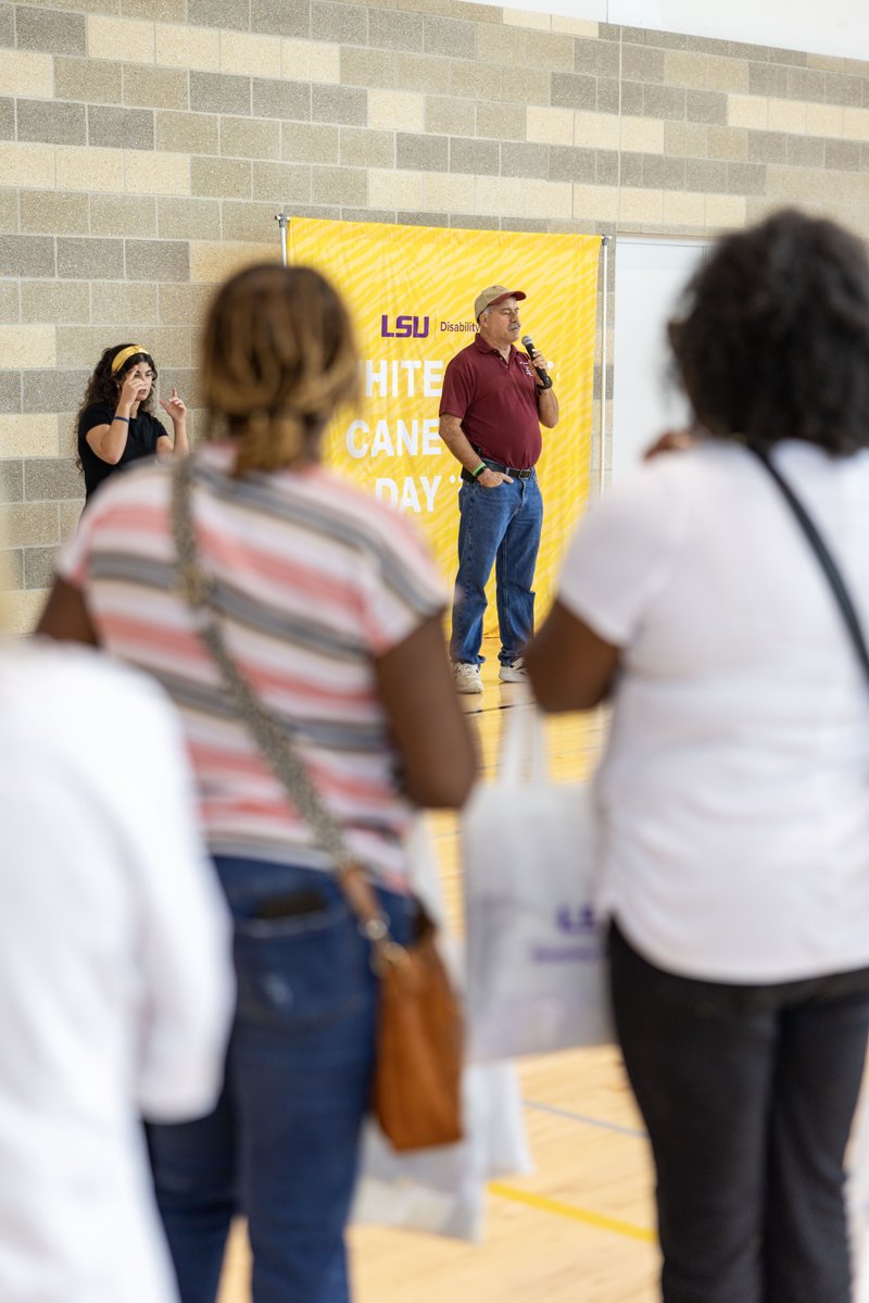 LSU's tweet photo. Did you kneaux?
Louisiana has one of the highest populations of deaf/blind people in the nation. 
To support that community LSU's Disability Services hosted its annual White Cane Day. The event recognized the white cane as a symbol of accessibility, mobility, and, most importantly, independence for those who are blind or visually impaired. It also highlights our commitment to making campus accessible for students with all types of disabilities. #LSU