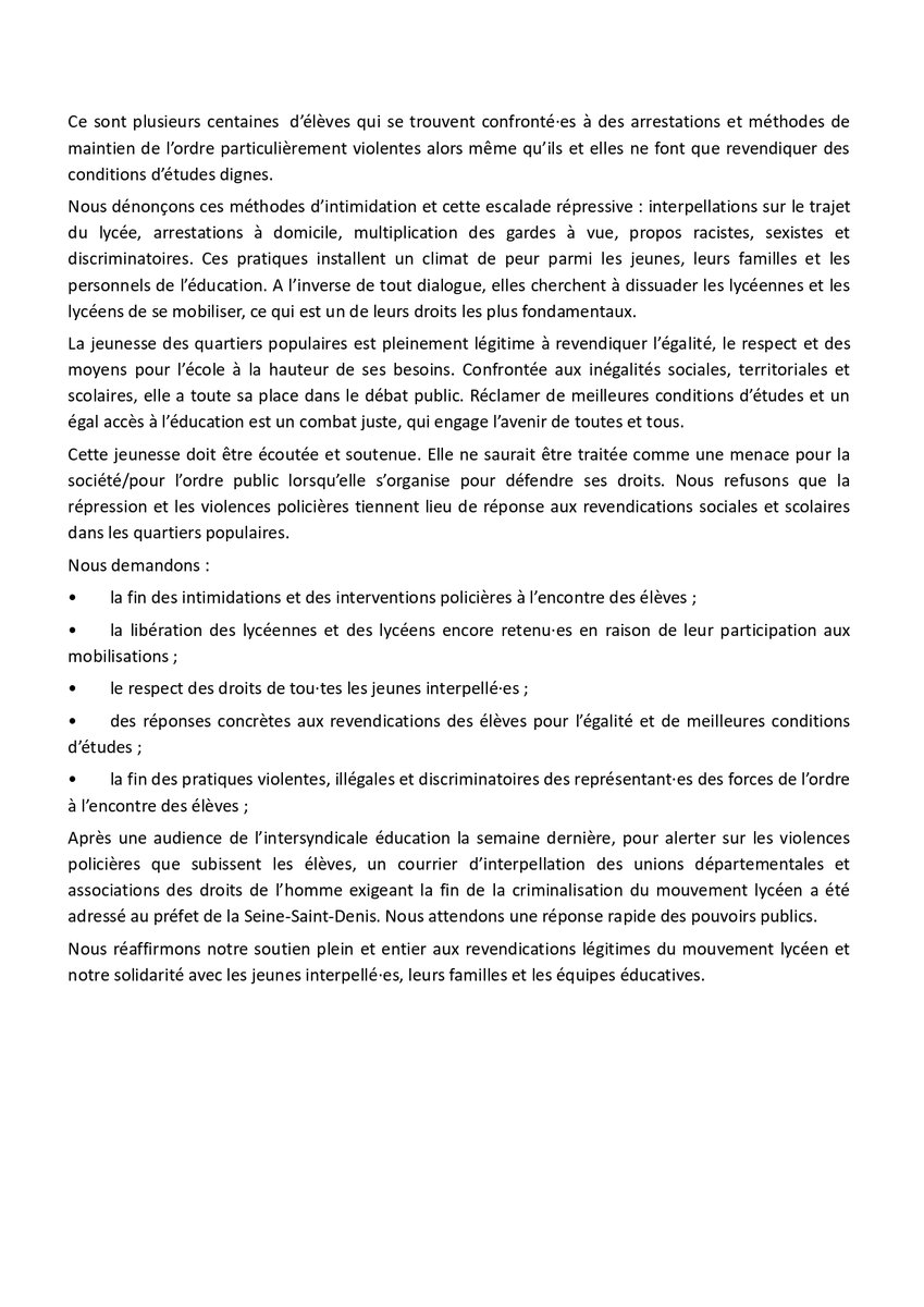 ericcoquerel's tweet photo. Tout mon soutien à Manelle Amirou, élève du lycée Jacques-Brel de La Courneuve interpellée à son domicile, et à ses cinq camarades placés en garde à vue !

Je me joins à l’appel de la FSU 93, la CGT 93, la FCPE 93, la LDH 93 et Solidaires 93 qui demandent au Préfet de Seine-Saint-Denis la libération immédiate de Manelle, la fin de sa garde à vue et des explications sur ces interpellations à répétition.

Leur communiqué ⬇️