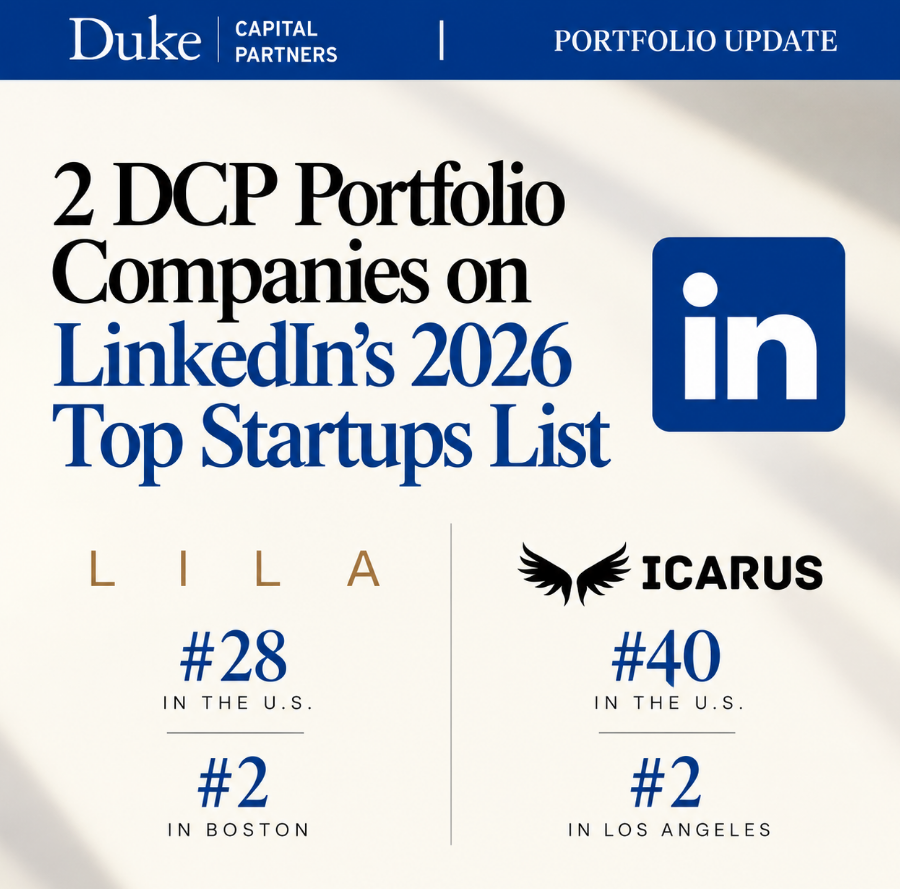 DukeCapPartners's tweet photo. Two Duke Capital Partners portfolio companies were named to @LinkedIn's 2026 Top Startups list: @LilaSciences at #28 and Icarus at #40 nationally. We’re proud to see both teams recognized for the momentum they’re building! 💙🚀 https://t.co/0BGzjK7pVy