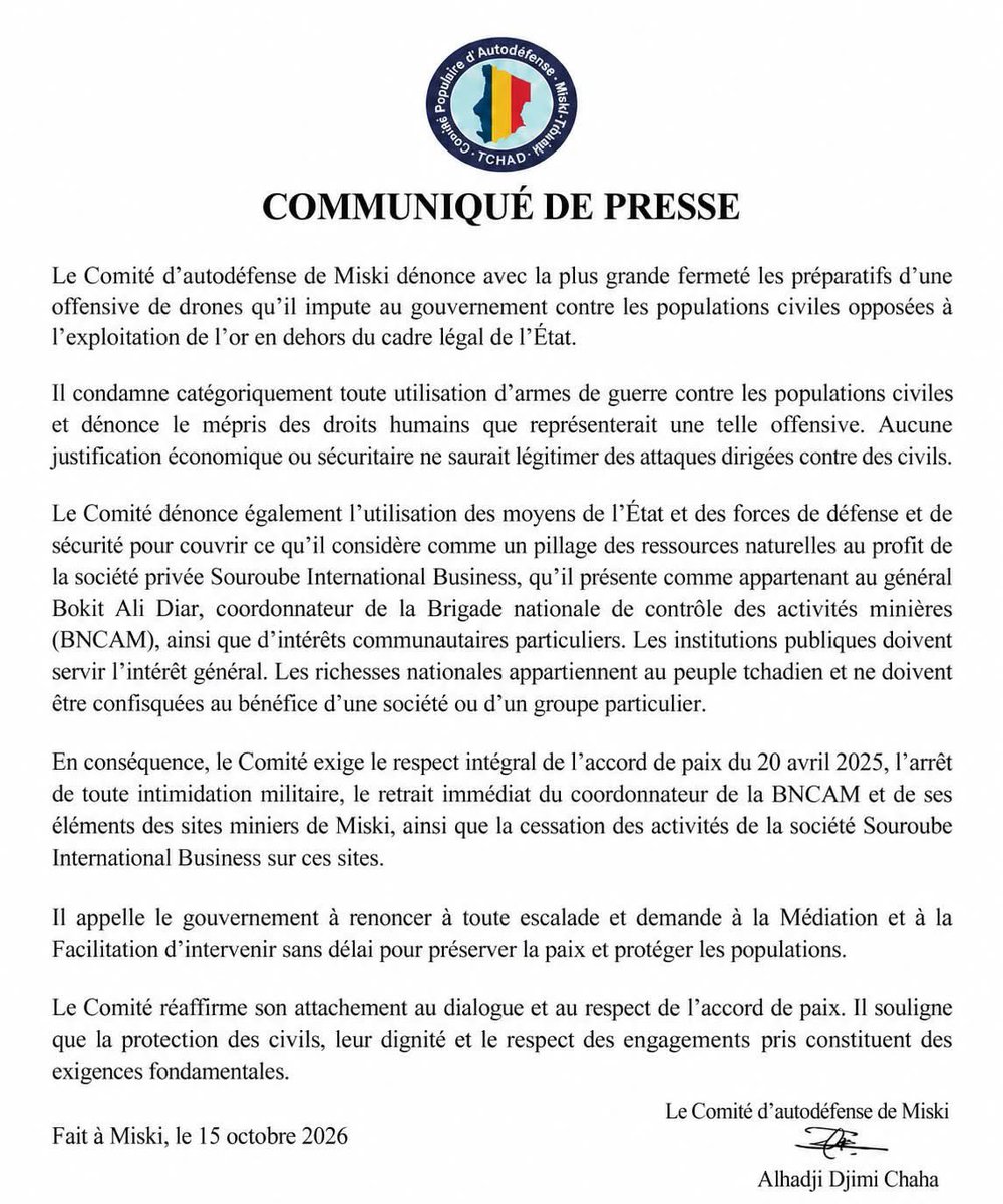 issamsalehmi's tweet photo. #Tibesti #Miski
« Le Comité dénonce l'utilisation des moyens de l'Etat et des FDS pour couvrir ce qu'il considère comme un pillage des ressources naturelles au profit de la société privée Souroube International Business, qu'il présente comme appartenant au général Bokit Ali Diar, coordonnateur de la Brigade nationale de contrôle des activités minières (BNCAM), ainsi que d'intérêts communautaires particuliers. Les institutions publiques doivent servir l'intérêt général. Les richesses nationales appartiennent au peuple tchadien et ne doivent être confisquées au bénéfice d'une société ou d'un groupe particulier. »

Alhadj Djimi Chaha