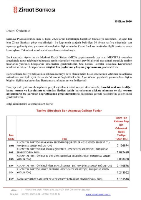 KulisSinyal's tweet photo. 🚨 FLAŞ | 30 FONDA TASFİYE ÖDEMESİ SON AŞAMAYA GELDİ
Ziraat Bankası, tasfiyesini yürüttüğü 125 fondan 30’una ilişkin birim pay başına ödenecek nakit tutarları açıkladı.

Liste;

▪️ A1 Capital Portföy’e ait 5,
▪️ Pardus Portföy’e ait 16,
▪️ Bulls Portföy’e ait 9 fondan oluşuyor.

Birim pay başına açıklanan en yüksek nakit tutarlar:
▪️ AC8: 58,520841 TL
▪️ YLZ: 5,967615 TL
▪️ PO8: 2,530688 TL
▪️ KRH: 1,382592 TL
▪️ SEH: 1,243052 TL
▪️ PHY: 1,101516 TL
▪️ PO7: 1,087652 TL
▪️ BYZ: 1,023428 TL
PBY, BDI, PMH, MGE ve BBO kodlu fonların nakit ödeme hanesinde ise tutar yer almıyor.

Ödeme tutarları banka ve aracı kurumların Takasbank hesaplarına aktarıldı. Aracı kurumlar, MKS kayıtlarına göre yatırımcı hesaplarına aktarım yapacak.

⚠️ Tablodaki rakamlar yalnızca bir fon payı için ödenecek nakit tutarı gösteriyor. Bazı fonlarda buna ek olarak yatırımcı hesaplarına hisse senedi aktarımı da yapılacak. Bu nedenle açıklanan nakit rakamı, yatırımcının toplam tahsilatı veya nihai zarar oranı olarak değerlendirilmemeli.
Hangi hisselerin hangi fon yatırımcılarına verileceği, Ziraat Bankası tarafından ilgili aracı kurumlara ayrıca bildirilecek.
Kaynak: Ziraat Bankası, 15 Ekim 2026 tarihli tasfiye duyurusu
#KulisSinyal #FonTasfiyesi #ZiraatBankası #PardusPortföy #BullsPortföy #A1Capital #Takasbank