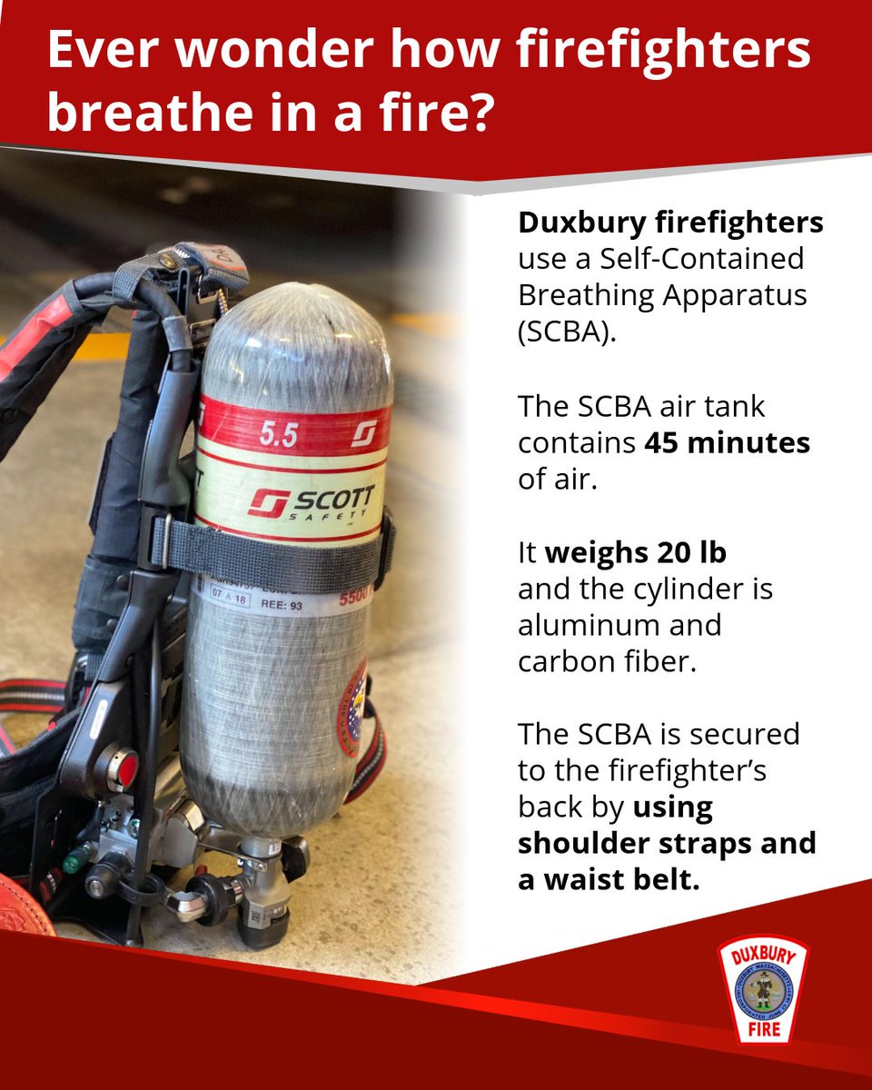DXFD_PIO's tweet photo. Do you know how firefighters breathe in a fire? They use a Self-Contained Breathing Apparatus (SCBA). For more information about the equipment firefighters use, check out the Duxbury Fire Department website (https://t.co/CLy2q4PKI4) ⁠
⁠
#DXFD #FirefighterFriday #FireEquipment https://t.co/ukX8F2AVuA