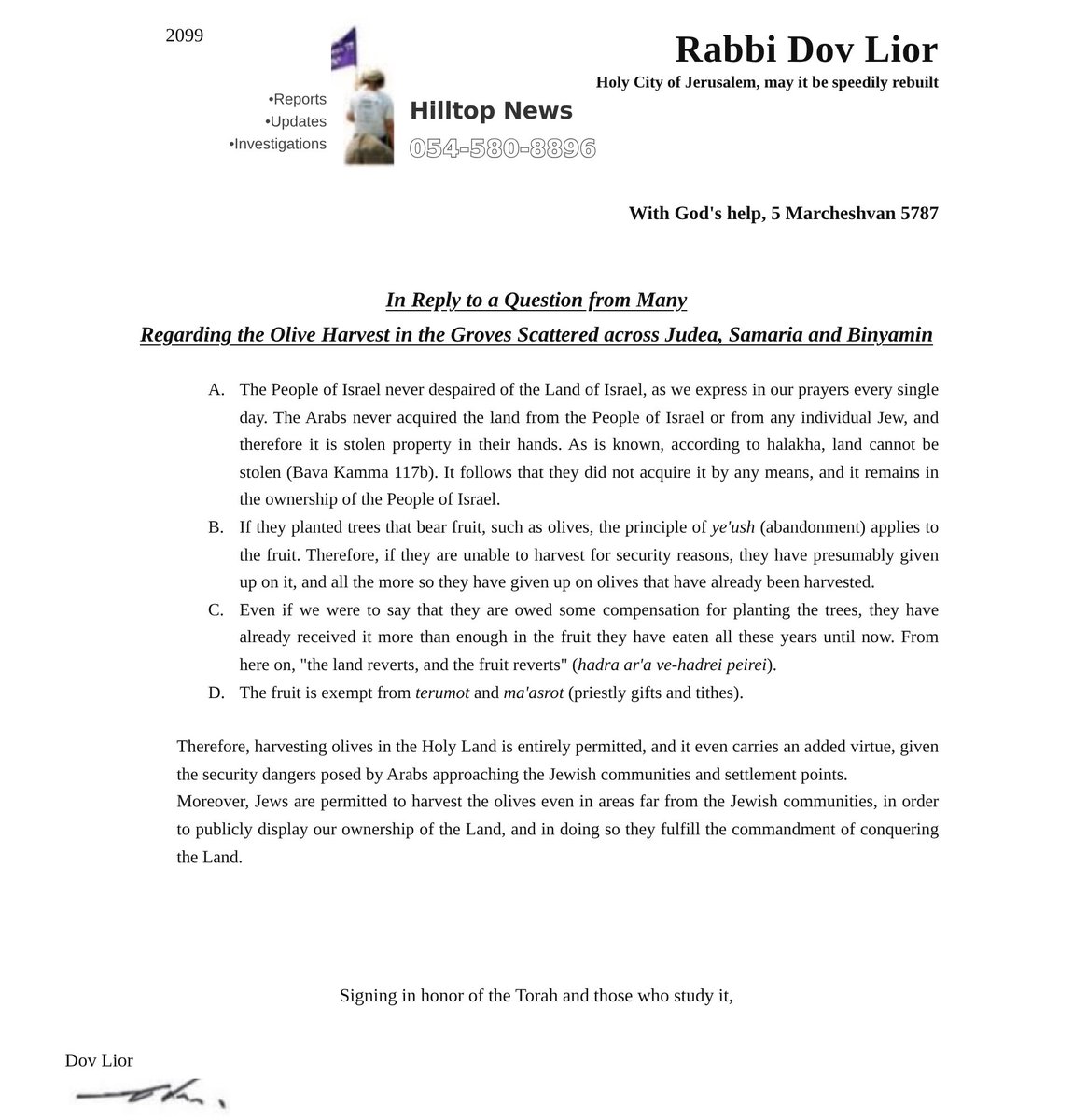 academic_la's tweet photo. The Rabbi Dov Lior, the main rabbi of Ben-Gvir's party and of the Hilltop Youth has released a ruling explaining why it is not only legal to steal olives from Palestinians, but also a good thing. 

He writes: Harvesting olives in the Holy Land is entirely permitted, and it even carries an added virtue, given the security dangers posed by Arabs approaching the Jewish communities and settlement points." 
"Jews are permitted to harvest the olives even in areas far from the Jewish communities, in order to publicly display our ownership of the Land, and in doing so they fulfill the commandment of conquering the Land."

The Jewish religion is being weaponized by our rabbis to steal land and agricultural products from the true indigenous owners of the land.
