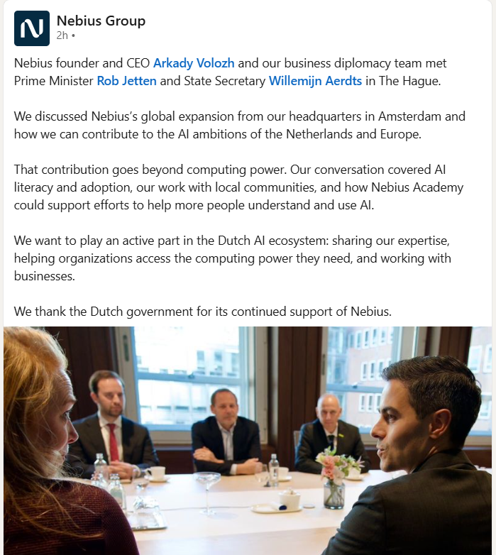 mvcinvesting's tweet photo. $NBIS Founder and CEO Arkady Volozh met with the Dutch Prime Minister and State Secretary to discuss Nebius’ global expansion and its role in supporting the AI ambitions of the Netherlands and Europe. https://t.co/2OrZSeRKwu