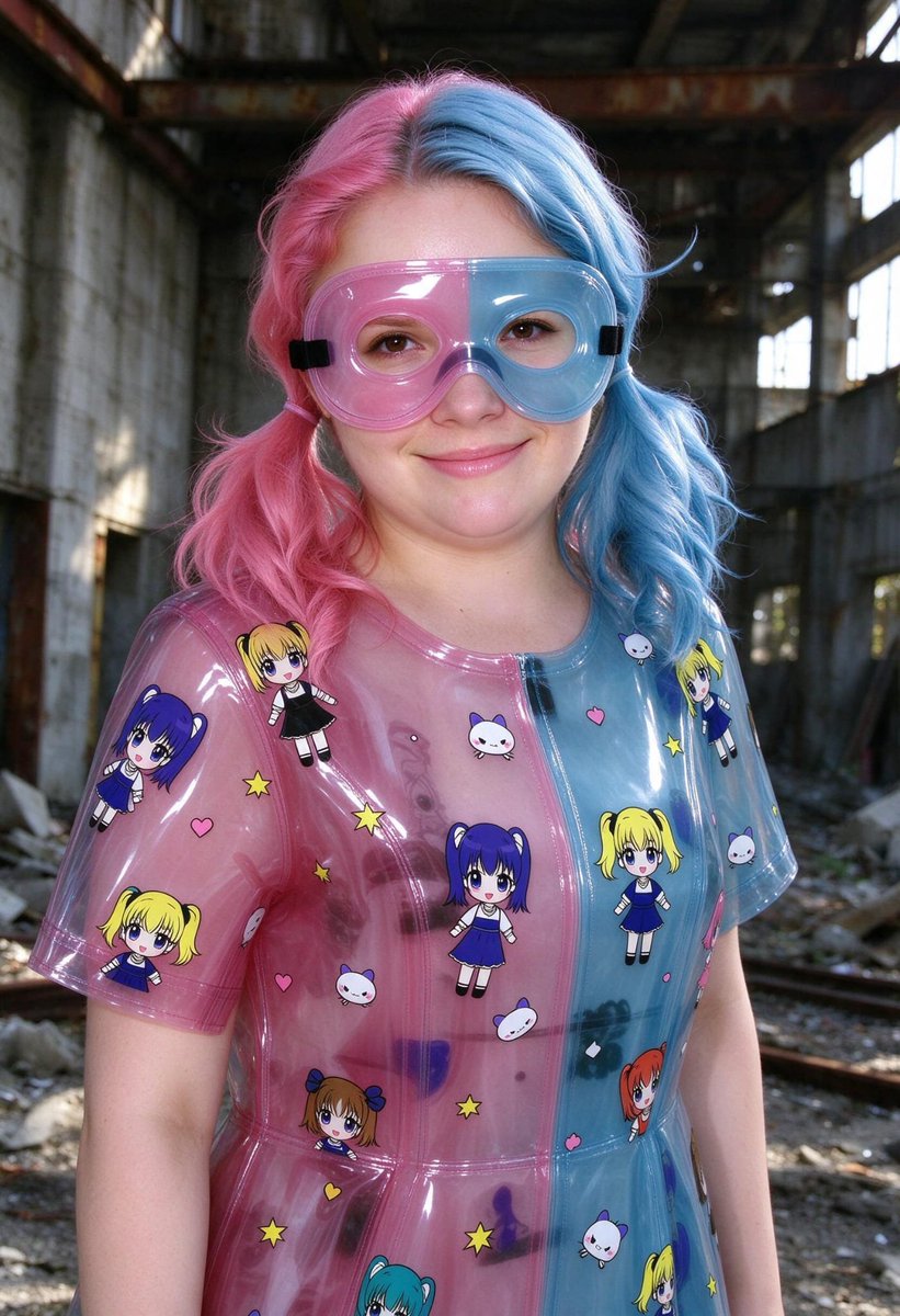 Lizzy1262629's tweet photo. Me in the ruins. Split pink and blue clear PVC with anime print and matching goggles, pigtails, concrete and beams behind me.
#ClearPVC #SplitColor #AnimePrint #Goggles #Pigtails #Ruins #FetishFashion #NSFW #Industrial #SmilingForward #masker #mask https://t.co/heUplWDz8b