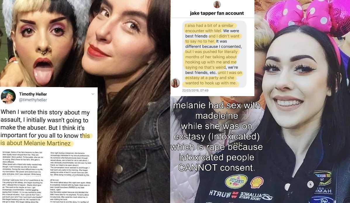 feloniendings's tweet photo. so melanie martinez raped 2 of her friends, sexualized children, ageplayed, twerked to a song about grooming, mocked her boyfriends black accent, sold NFTs and used AI, shared and drew CSAM, collabed with a transphobic racist, and were supposed to believe shes not controversial? https://t.co/6776UwyTyN