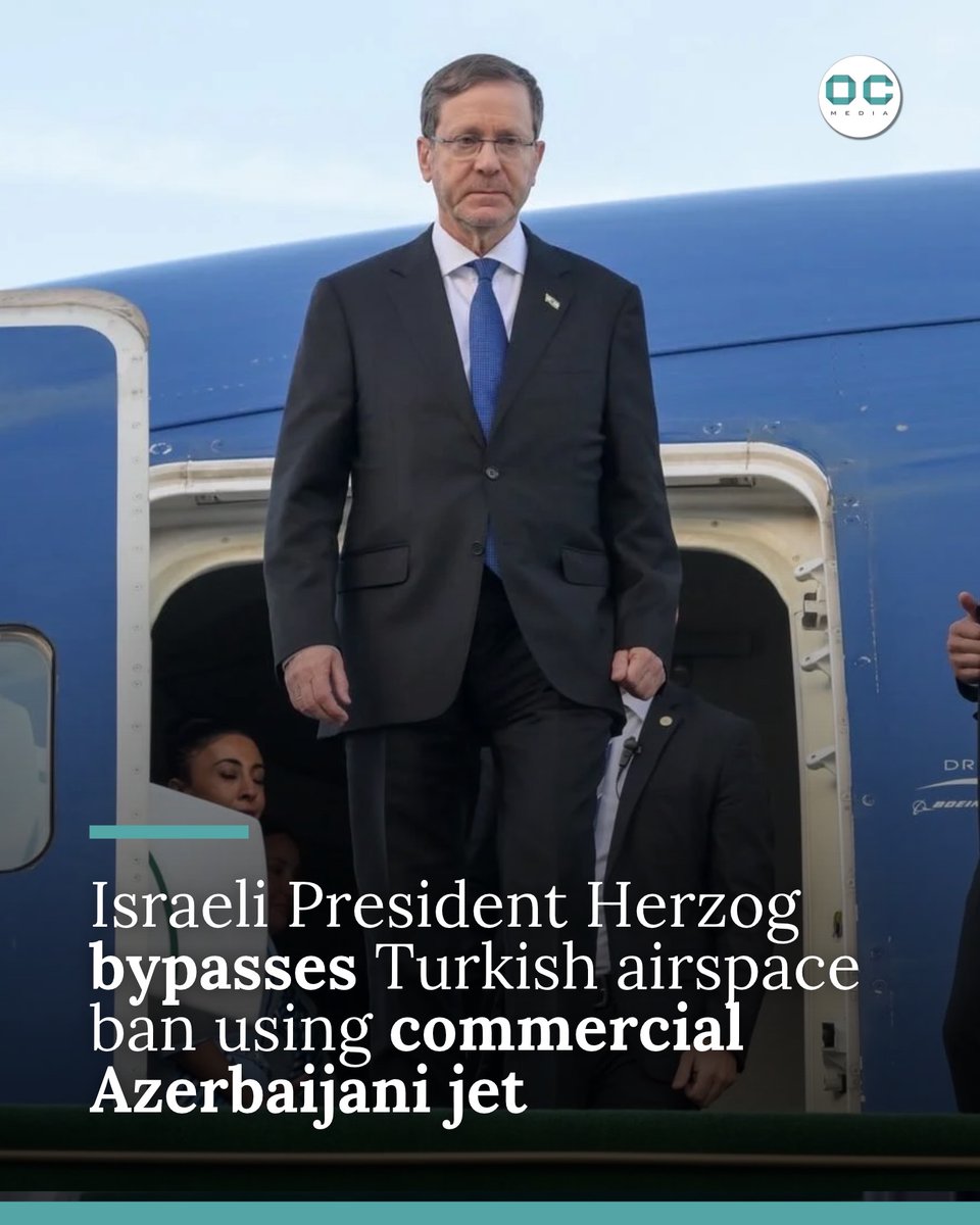 OCMediaorg's tweet photo. Israeli President Isaac Herzog bypassed a Turkish ban on using its airspace to travel to Baku on Wednesday by flying on a commercial Azerbaijan Airlines jet, sparking outrage in Ankara. Turkish officials later said they were not aware Herzog was on the commercial jet.

🔗 read more: https://t.co/AxIKhrtIty