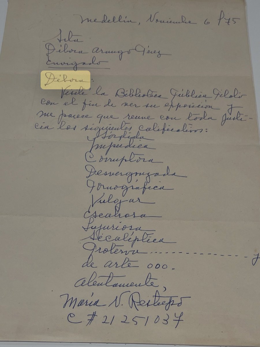 CristinaVelezV's tweet photo. Esta carta—que vi en el MAMM hace unos años—puede ayudar a dimensionar el nivel de oso que están haciendo los que censuran. Así los juzgará el futuro, con las misma risa que genera hoy este listado. https://t.co/Du2L95Om65
