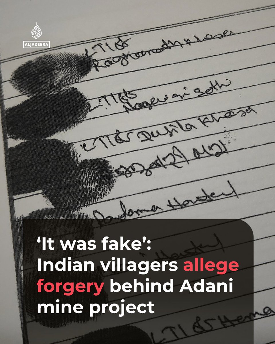 AJEnglish's tweet photo. “What they've done is illegal, but we will not back off.”

How forged signatures and thumbprints - even of dead and fictitious people - were allegedly used to get land for a bauxite mine in India's Odisha state https://t.co/gGluFtAd9I https://t.co/vX3sf1ReZL