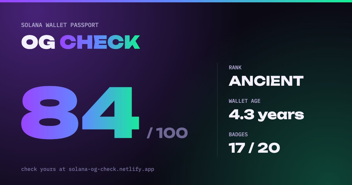 sol_nxxn's tweet photo. Are you sure you're a Solana OG? 🤔

Now you can prove it!

I've built a little Solana OG checker: 
- paste your wallet
- see your on-chain activity over the years
- find out which badges you've earned 🎖️

👇