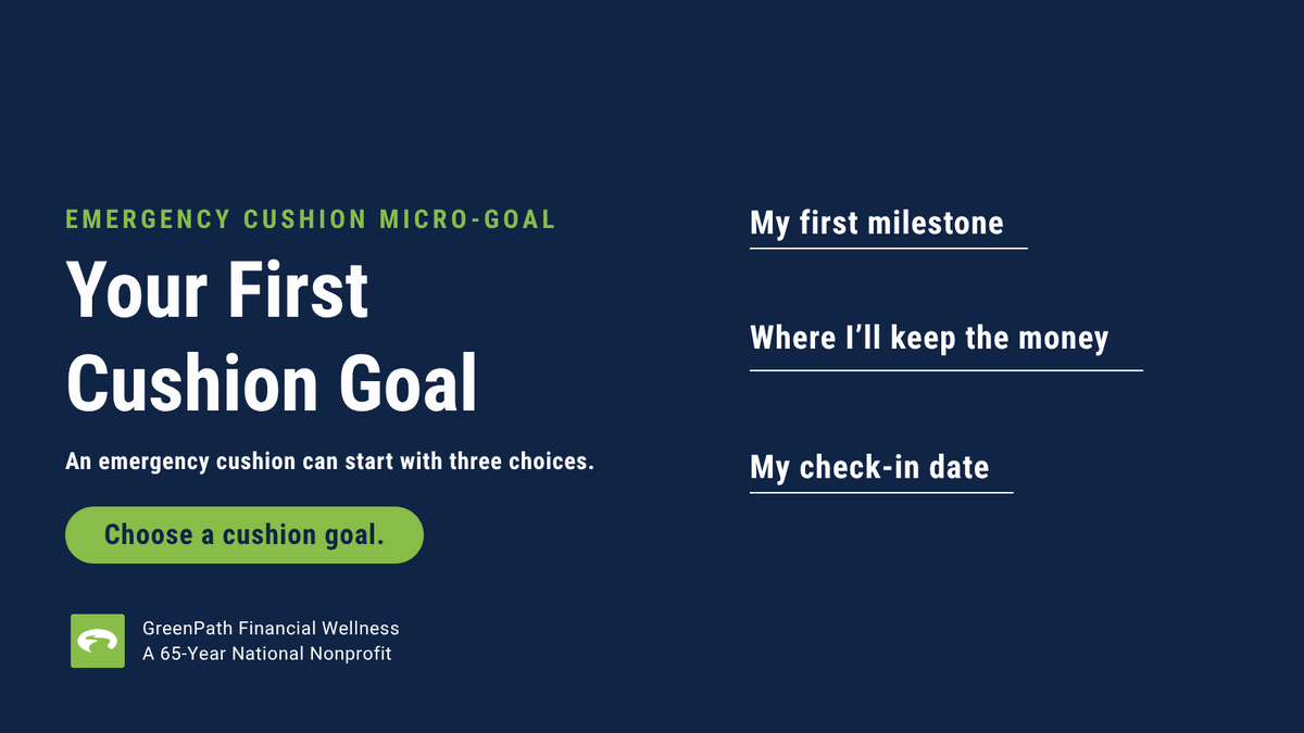 GreenPath's tweet photo. Start an emergency cushion with 3 choices: a small first goal, where it will live and a check-in date. 

Small steps can build clarity. 

What's your first milestone?

#EmergencyFund #SavingsGoal #GreenPath https://t.co/wcxRHMm4Y0