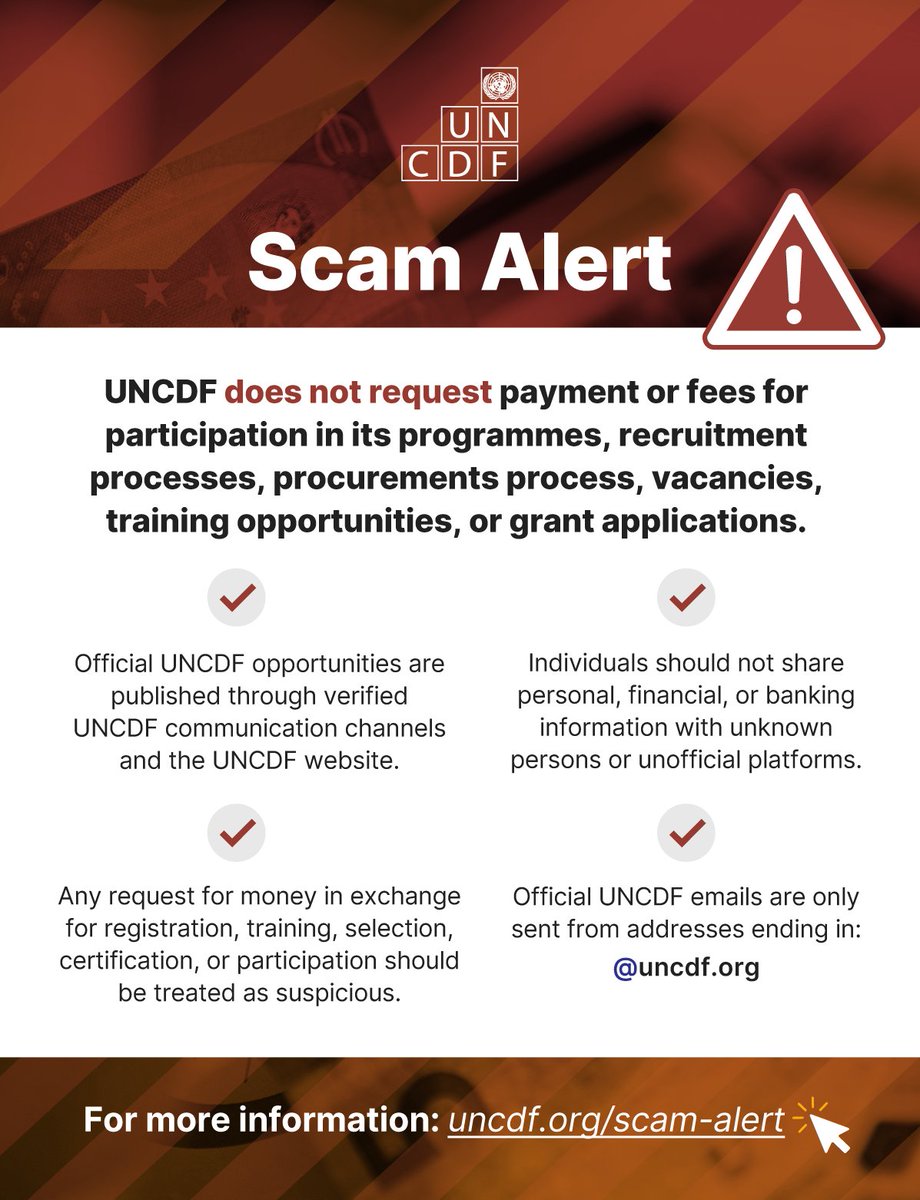 UNCDF's tweet photo. SCAM ALERT / PUBLIC NOTICE

UNCDF is aware of fictitious websites, vacancy announcements or solicitations that are being circulated, the purpose of which is to induce individuals to apply for positions and send in a fee for services related to recruitment or training. https://t.co/buqt689AWm