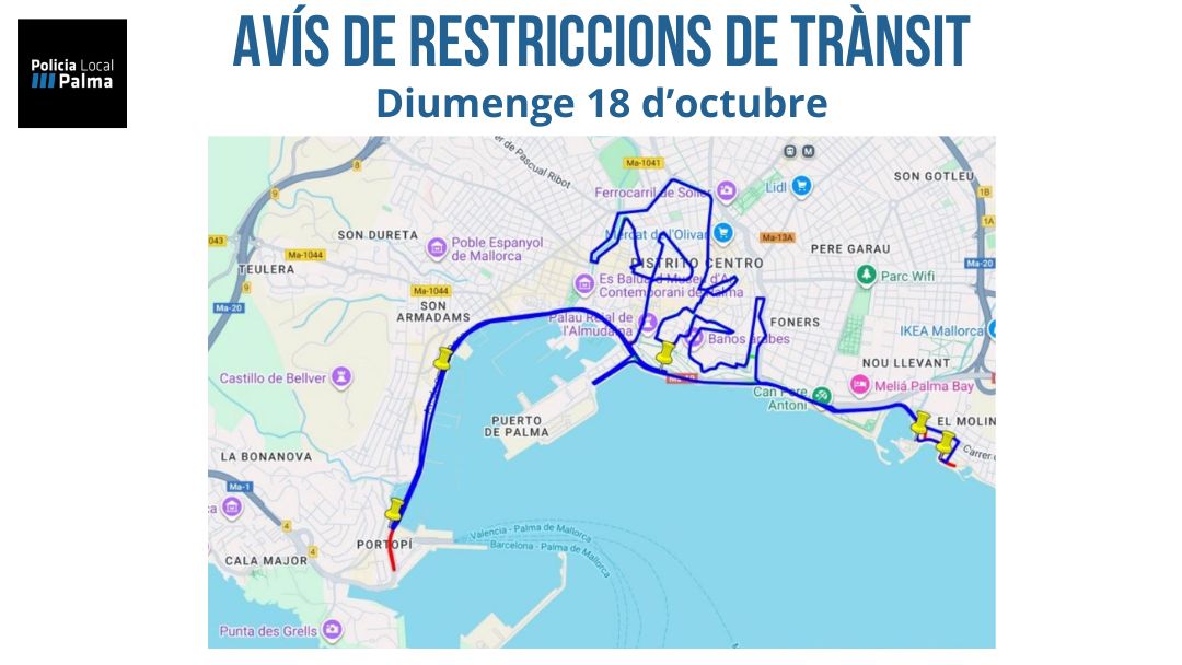 policiadepalma's tweet photo. 🚨 AVIS TRÀNSIT: Aquest diumenge 18 d'octubre se celebra la TUI Palma Marató 2026 🏃‍♂️.

Hi haurà talls importants al Passeig Marítim, Autopista de Llevant (Ma-19) i centre de la ciutat des de la 01:00 h fins a les 17:00 h ⛔. https://t.co/gjiAUbQ8tO