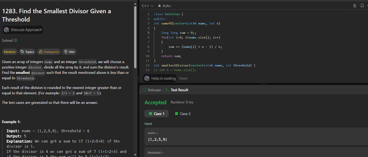 codee_99's tweet photo. Day 21/100 🔥
Solved Find the Smallest Divisor Given a Threshold on LeetCode.
Practiced Binary Search on Answers and optimized the feasibility check using integer ceiling division.
One problem at a time.

#100DaysOfCode #DSA #LeetCode #CPlusPlus https://t.co/sxcjXKv583