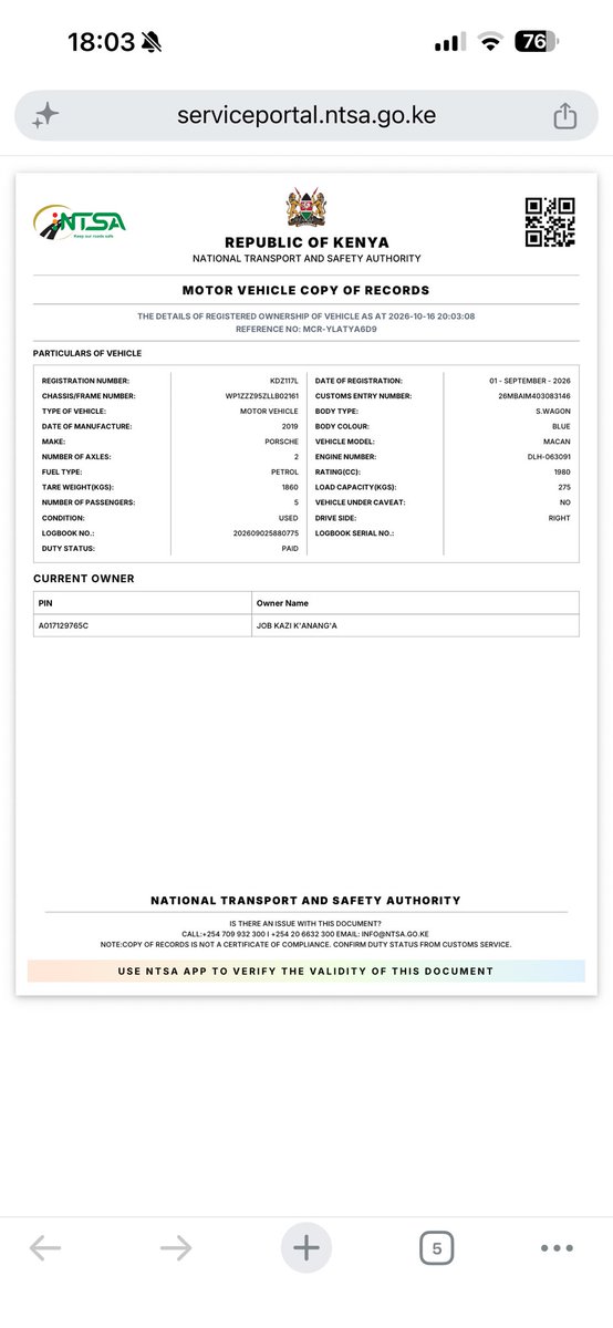 Elvis_Localman's tweet photo. After days of speculations and accusations about Onyango Tate’s Porsche Macan ownership, I paid my 500 to verify the facts. The owner comes up as JOB KAZI K'ANANG'A. Will the goalpost 🥅 now shift to someone bought it for him or NTSA is lying? Over to you agenda setters. https://t.co/YuP6pyRVXL