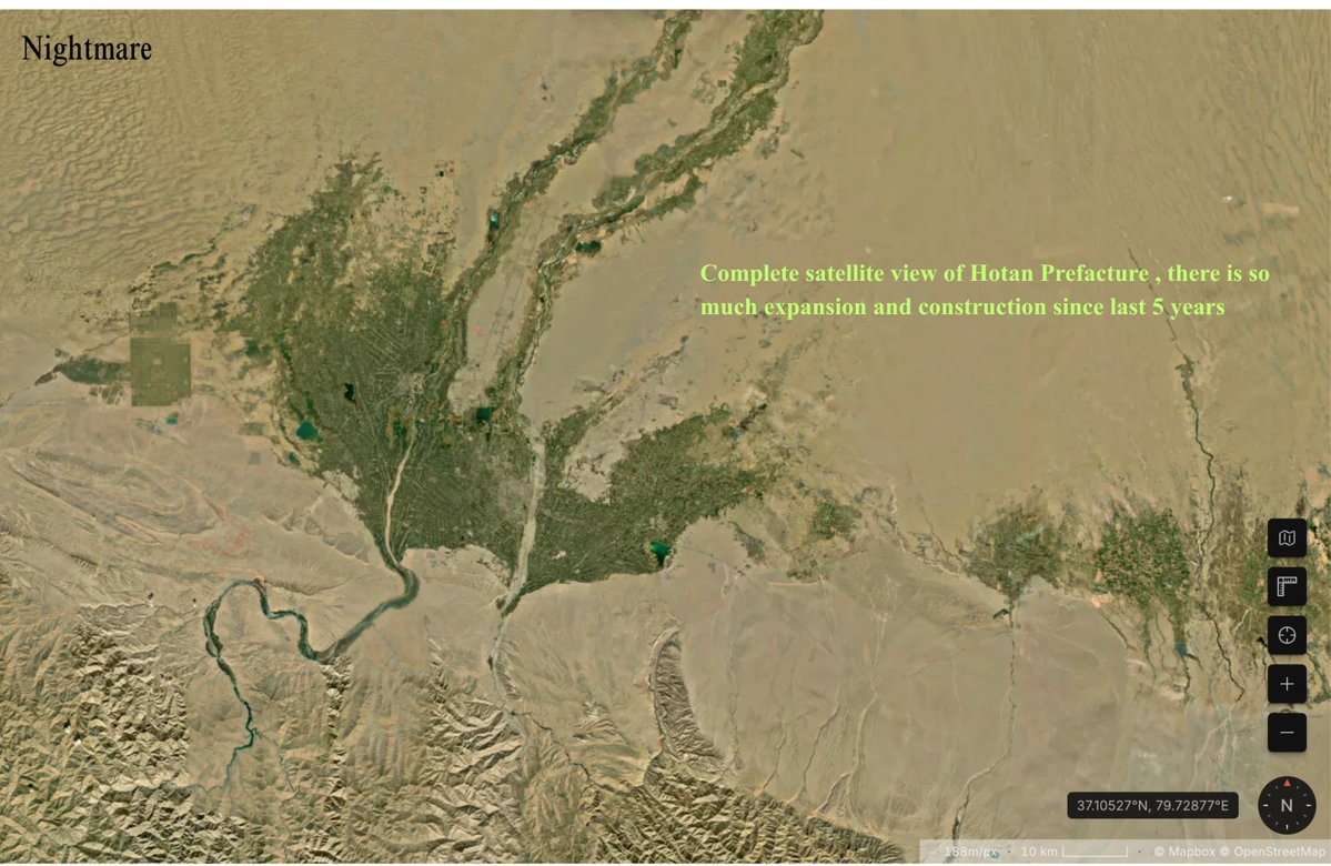 OsintNightmare's tweet photo. HOTAN PLAAF AIRBASE BUILDUP NEAR LADAKH.

I have skimmed through recent satellite imagery of the Hotan airport(PLAAF Airbase)which is nearly 250Kms from Ladakh and about 350 kms from Leh .This base falls under the western theatre command of the PLA and has undergone significant hanges not only to the base vicinity but also the surrounding settlements and towns .i will analyse Hotan in two/three seperate posts , this is the first one .More Images in this Thread in comments .

1)This is the new construction activity observed right below the airbase and we can see a branch road thats connecting directly to the airfield , this strip of road branches from a National Highway that connects further parts of tibet and along the road multiple structures are being constructed liekly military quarters if you go by the looks of theese structures/buildings.

2)We can see a Solar farm adjacent to the construction activity , Hotan prefacture has two or three such solar farms and likely will increase in coming years as industry activity will increase and we can also see the National highway that branches out inwards as explained in the first image .The national Highway is the G219 also caled Xinjiang Tibet expressway that branches from the occupied Aksai Chin(occupied ladakh).

3)The third image is self explanatory its the total satellite image of the entire Hotan Prefacture , if you compare this recent image to Google Earth(the closest proxy i use) we can see massive developments and improvements for a border/frontier area.

4)Now we move to the airfield in Hotan and this airfield has in past hosted J-20s and H-20 bombers along with other UAVs but currently is hosting multiple J-16 fighter jets , looking at  multiple images i have put the estimate at 2 squadrons and in this particular image we can see 9 J16s and some are most probably preparing for test flights.