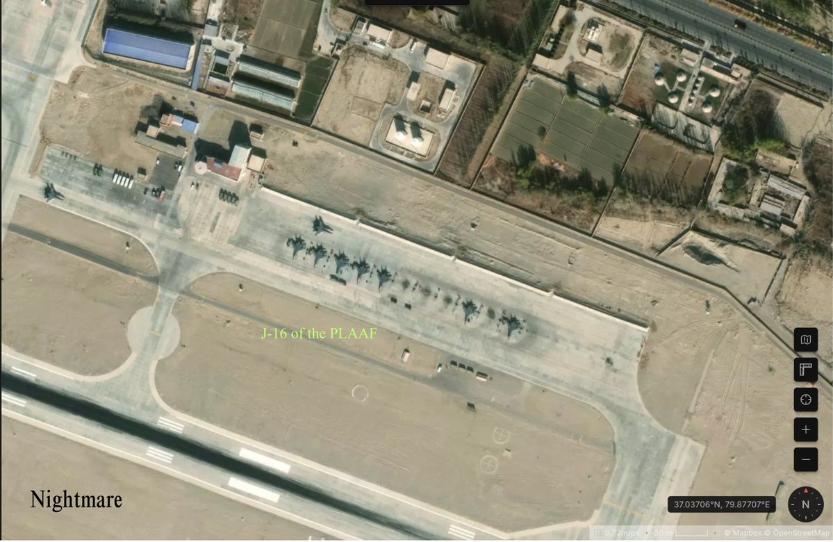 OsintNightmare's tweet photo. HOTAN PLAAF AIRBASE BUILDUP NEAR LADAKH.

I have skimmed through recent satellite imagery of the Hotan airport(PLAAF Airbase)which is nearly 250Kms from Ladakh and about 350 kms from Leh .This base falls under the western theatre command of the PLA and has undergone significant hanges not only to the base vicinity but also the surrounding settlements and towns .i will analyse Hotan in two/three seperate posts , this is the first one .More Images in this Thread in comments .

1)This is the new construction activity observed right below the airbase and we can see a branch road thats connecting directly to the airfield , this strip of road branches from a National Highway that connects further parts of tibet and along the road multiple structures are being constructed liekly military quarters if you go by the looks of theese structures/buildings.

2)We can see a Solar farm adjacent to the construction activity , Hotan prefacture has two or three such solar farms and likely will increase in coming years as industry activity will increase and we can also see the National highway that branches out inwards as explained in the first image .The national Highway is the G219 also caled Xinjiang Tibet expressway that branches from the occupied Aksai Chin(occupied ladakh).

3)The third image is self explanatory its the total satellite image of the entire Hotan Prefacture , if you compare this recent image to Google Earth(the closest proxy i use) we can see massive developments and improvements for a border/frontier area.

4)Now we move to the airfield in Hotan and this airfield has in past hosted J-20s and H-20 bombers along with other UAVs but currently is hosting multiple J-16 fighter jets , looking at  multiple images i have put the estimate at 2 squadrons and in this particular image we can see 9 J16s and some are most probably preparing for test flights.