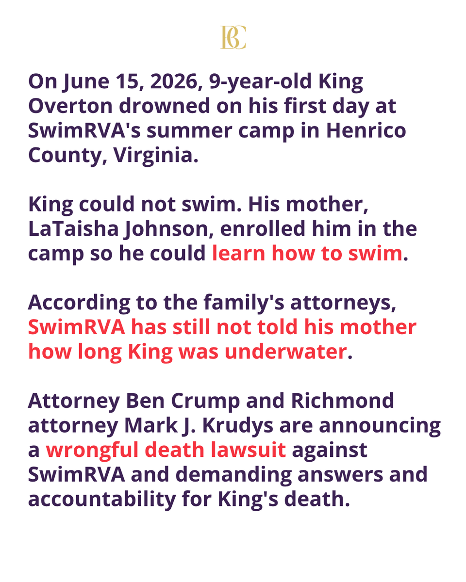 AttorneyCrump's tweet photo. A mother sent her son to camp to learn a lifesaving skill. Instead, she lost her 9-year-old son King Overton. She deserves to know exactly what happened to King. No parent should have to fight for answers about their child's final moments. Today at 3 p.m. ET,  we will announce the filing of a wrongful death lawsuit to demand transparency and accountability!