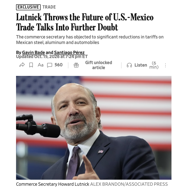 DoliaEstevez's tweet photo. La incertidumbre sobre el futuro de las negociaciones comerciales con México tras la objeción de Lutnick de reducir significativamente los aranceles al acero, aluminio y automóviles mexicanos, discrepa con el optimismo de funcionarios mexicanos de que el acuerdo está a la vuelta de la esquina. @WSJ