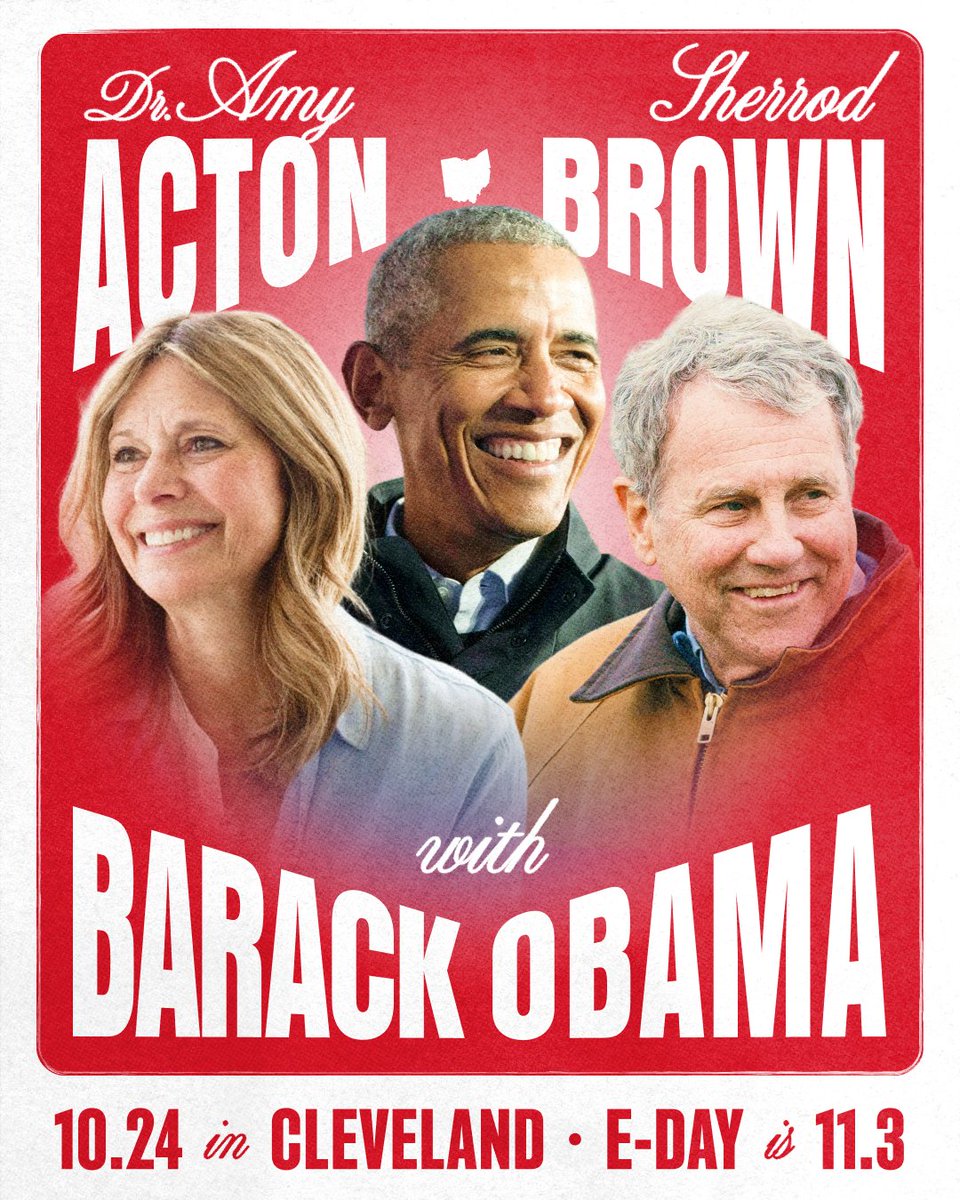 TheDemocrats's tweet photo. Barack Obama. Sherrod Brown. Dr. Amy Acton. 

Next Saturday in Cleveland! https://t.co/qO5NUwaxrh