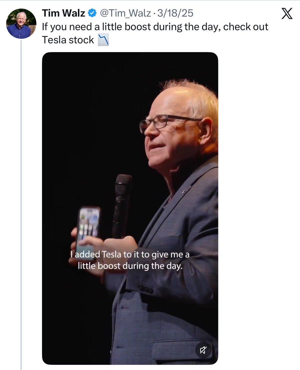 bennyjohnson's tweet photo. Tesla is up 56% and has created a flying car since this Tim Walz post: https://t.co/gnqUTAPhGB