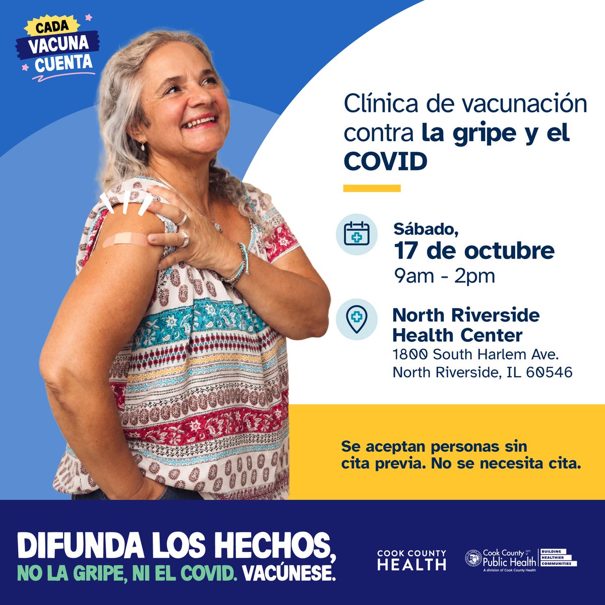 CookCoHealth's tweet photo. ¡Vacúnese para protegerse esta temporada! Se ofrecerán vacunas gratuitas contra la gripe y el COVID este sábado 17 de octubre en el Centro de Salud North Riverside de Cook County Health, ubicado en 1800 S. Harlem Ave., de 9am a 2pm. No se requiere cita previa. https://t.co/4uLjHRIZcw
