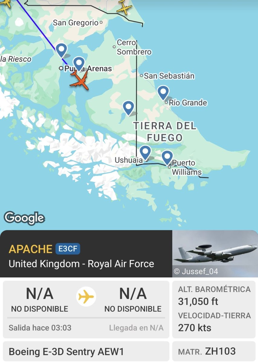 Lautaro_Chile's tweet photo. 🇦🇶🇨🇱 | AHORA: AWACS E-3D Sentry AEW.Mk1 sobre Punta Arenas, lo mas probable interoperando con los F-5E/F Tiger lll, mapeando toda la zona austral #Capacidades https://t.co/7yScMDLp3U