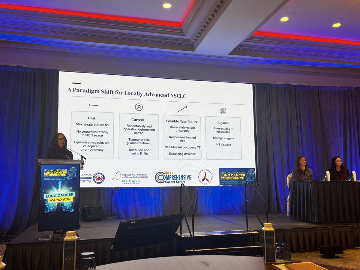 DrJNaidoo's tweet photo. #AILCC26 Immunotherapy session featuring @FordePatrick &amp; @CancerInstIRE #RebeccaWeedle who asks provocative questions on:
- wedge v lobectomy post neoadj 
- surgical experience that cannot be captured through traditional tox methods
- surgical guidelines: stage III N2 only?
#LCsM https://t.co/1FWDPI2XTG