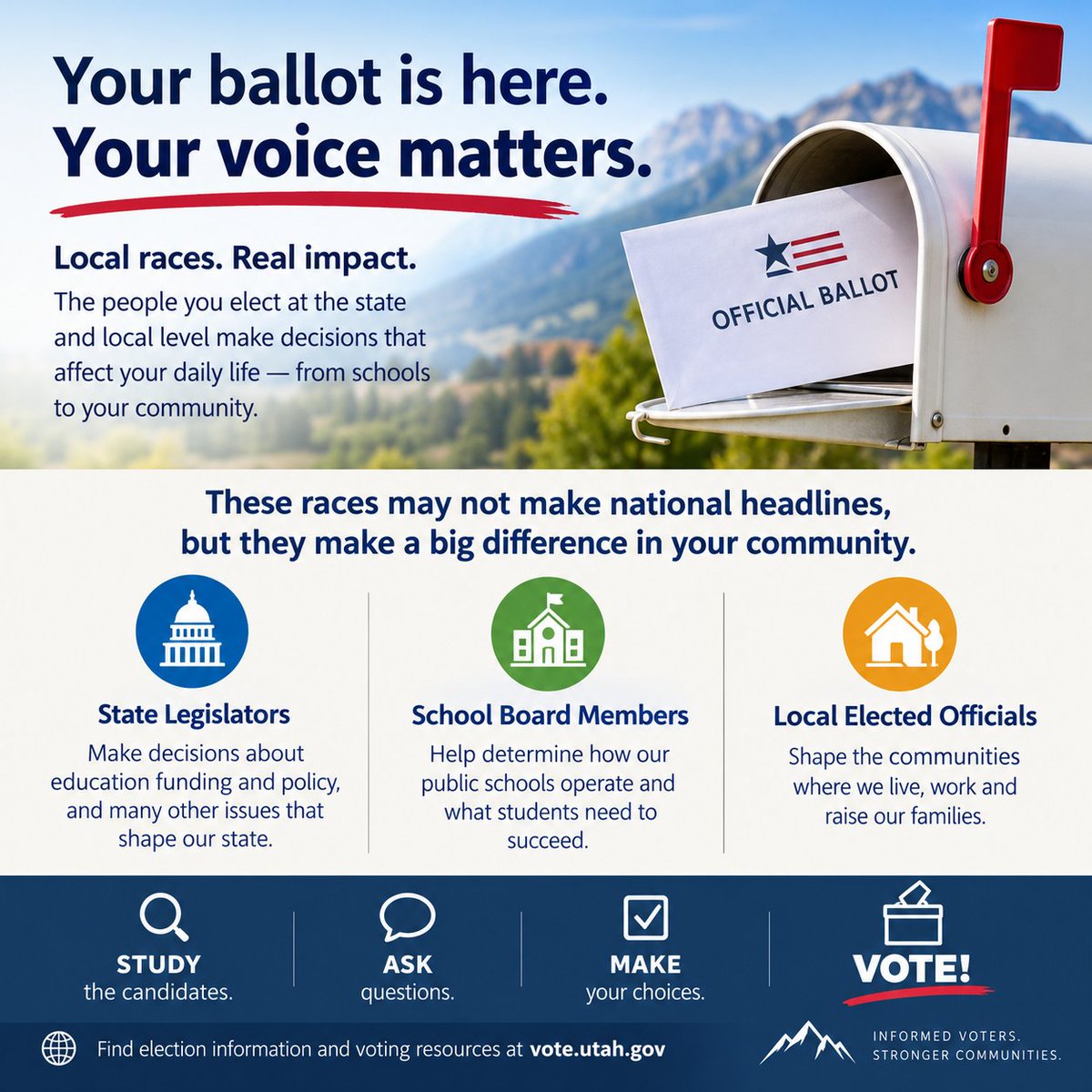 UtahSCSB's tweet photo. 1/4 🇺🇸 Your ballot is here. Your voice matters!

Election season is underway in Utah, and ballots are arriving in mailboxes across the state.

Before you vote, take time to learn about the people asking to represent you. https://t.co/unAvQab8Vt